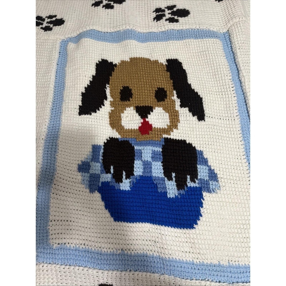 Crochet Blue White Brown Baby Blanket Afghan Handmade Puppy Dog 50x60" - Picture 3 of 10